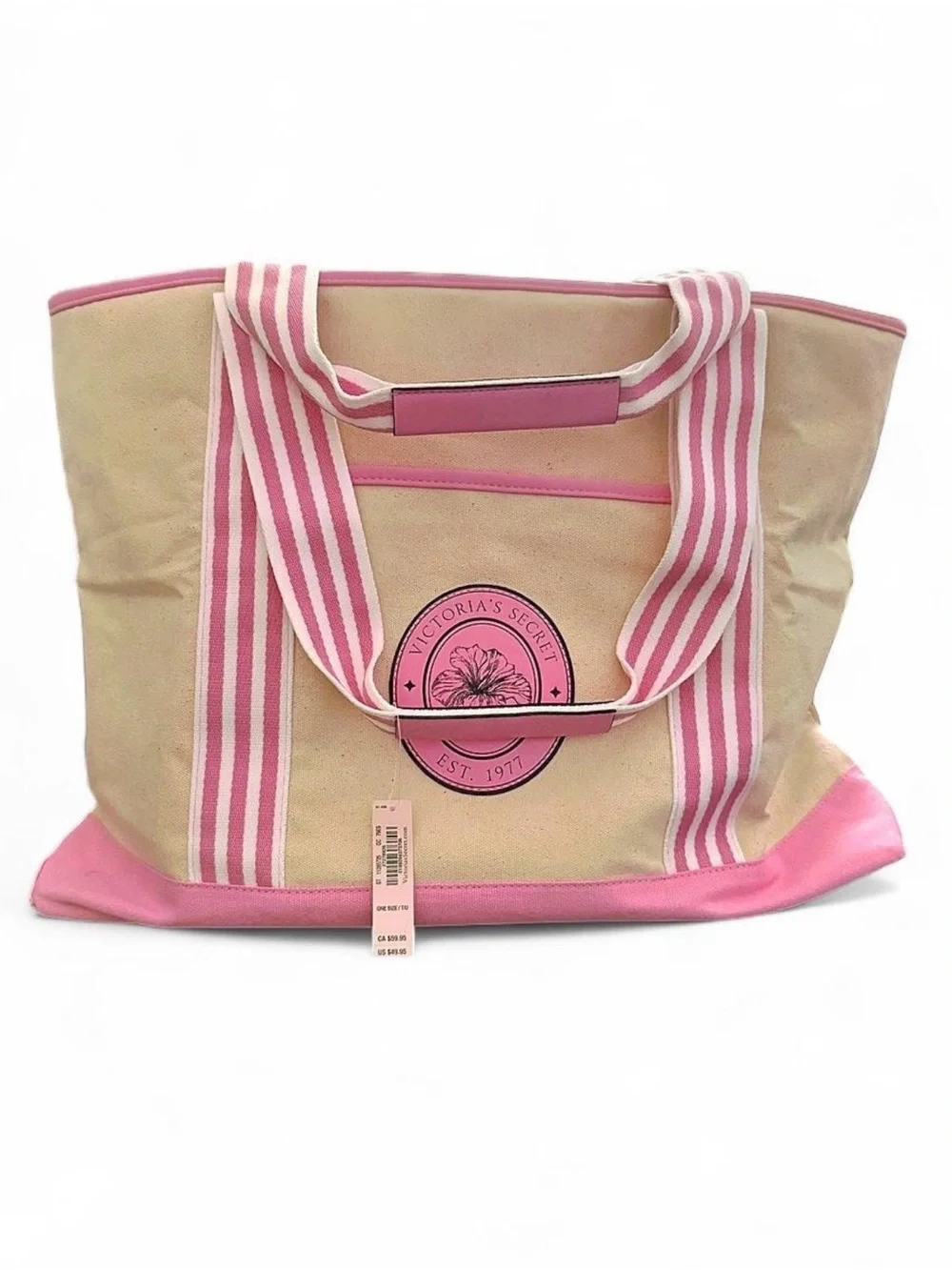 Victoria's Secret NWT pink and cream canvas tote bag with pink striped trim.